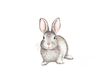 Fototapeta premium アナログタッチ、手描き風の座る可愛いウサギ正面、白菟のイラスト 子年 年賀状素材 AI生成画像 