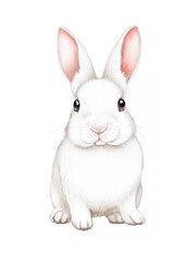 アナログタッチ、手描き風の座る可愛いウサギ正面、白菟のイラスト　子年　年賀状素材　AI生成画像　