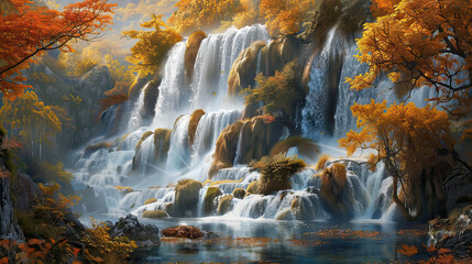 Seasonal waterfall landscape with cascading waterfalls, AI generative