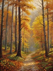 Obraz premium Autumn Forest Landscape Oil Painting Art