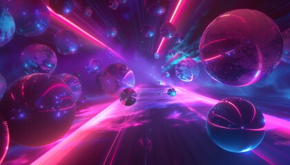 Design a surreal holographic universe with neon-colored planets orbiting a central light source Emphasize the interplay of light and shadows to create depth and dimension