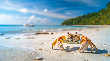 Crab walking on the beach near the ocean