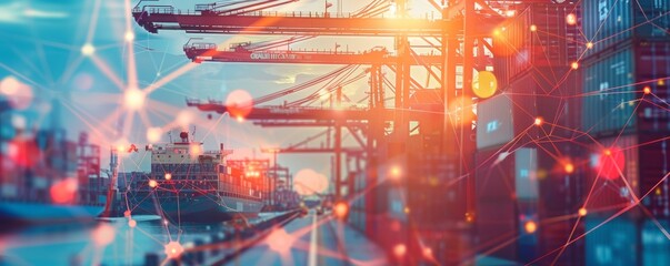 Fototapeta premium Advanced supply chain technology close up, focus on, copy space, vibrant colors, Double exposure silhouette with data networks