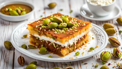 Traditional Arab sweet Turkish a piece of konafa on a white plate with pistachios and white cheese, served with syrup on a white wood background.
