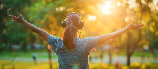 Healthy woman wearing headphone doing stretching in the  outdoor park - Powered by Adobe