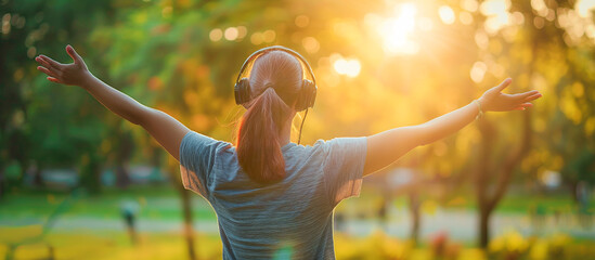 Healthy woman wearing headphone doing stretching in the  outdoor park