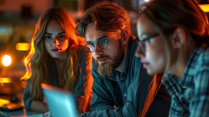 Fototapeta premium a group of 40 years old IT consultants , showing concentration, brainstorming, ultra realistic rendering, color warm, environment office, lens effect, wide angle