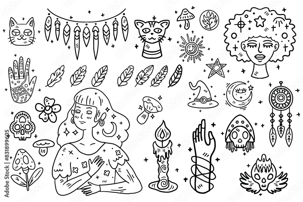 Poster set of boho objects in line style