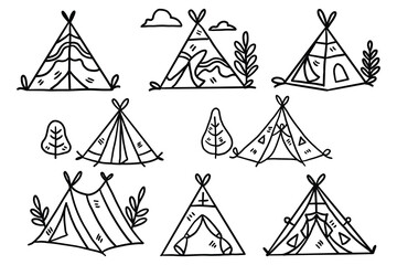A set of drawings of tents with a tree in the middle © toonsteb