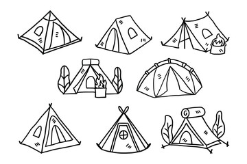 A set of drawings of tents with a tree in the middle © toonsteb