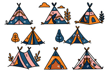 A set of drawings of tents with a tree in the middle © toonsteb