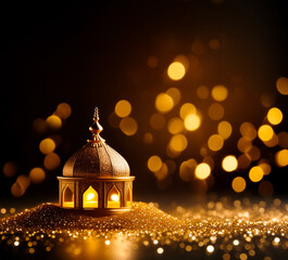 eid background, a small lantern with a small lantern on it in the dark. golden masjid - Powered by Adobe