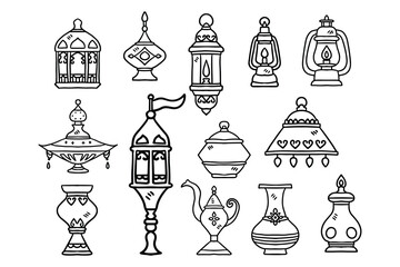 A set of black and white drawings of various lamps and vases