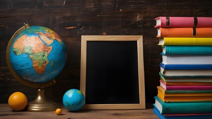 Return to School Idea. Books, Notepads, Earth Globe, and Vibrant Stationery. School supplies and education. Message Board Background of a chalkboard for education. Books and necessities piled on a woo