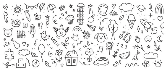 Children's drawings drawn in doodle style. Simple cute illustration isolated on white background.
