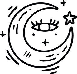 A black and white drawing of a crescent moon with a star in the center
