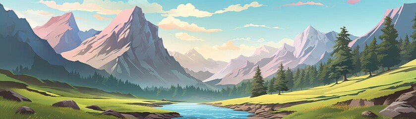 Illustrate a serene mountain landscape with a river and trees, flat design, top view, nature theme, 3D render, colored pastel