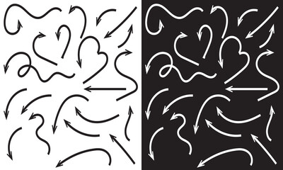 Hand drawn arrows set. Vector doodle icon.  isolated on white and black background. Vector illustration . EPS 10 