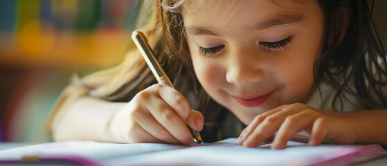 A young girl writes diligently in her notebook, immersed in learning with focus and curiosity.
