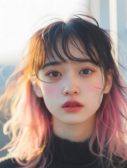 ツートーンヘアのアジア人女性ポートレート..