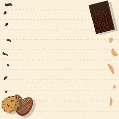 Illustration of cute cartoon sweet chocolate bar melt cookies peanut for template notes paper