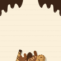Illustration of cute cartoon sweet chocolate bar stick melt cookies peanut for template notes paper