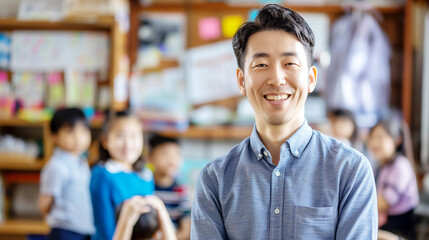 笑顔の小学校のアジア系男性の先生 Asian male teacher in Elementary school