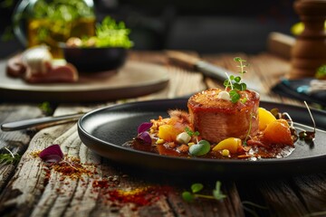 A meticulously composed long shot of a gourmet dish presented on a rustic wooden table