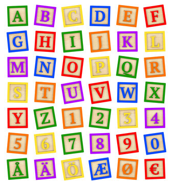 Colorful wooden letter blocks on transparent background with nordic alphabet