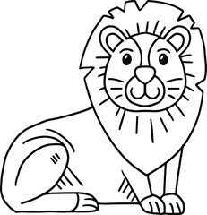 A lion is sitting on the ground with its head tilted to the side