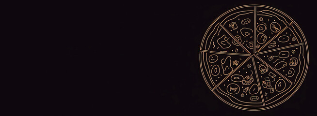 Fototapeta premium Pizza sliced, graphic contour illustration on a dark black background, isolate. AI generated.