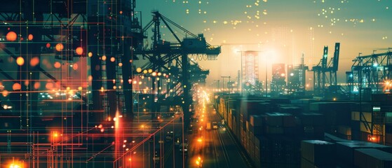 Fototapeta premium Automated logistics operations close up, focus on, copy space, vibrant colors, Double exposure silhouette with robotic systems