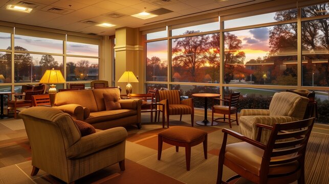 The cozy faculty lounge offers warm lighting, plush seating, and scenic campus garden views, fostering relaxation and conversation.