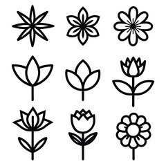 Set of Solid black outline Flower vector line icon design