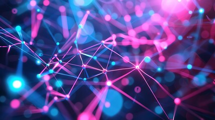 Abstract neural network illustrated with pink and blue neon lines and bokeh nodes