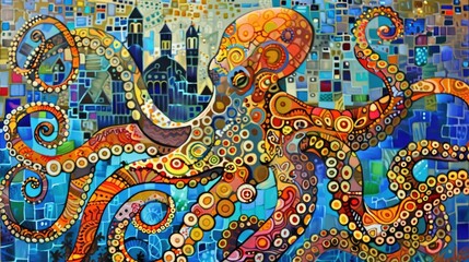 A vibrant mosaic of an octopus, Generative AI