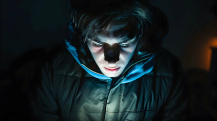 A tense scene of a person holding a phone in a dark room, with light from the screen illuminating their worried expression, casting dramatic shadows that emphasize the mood of anxiety.