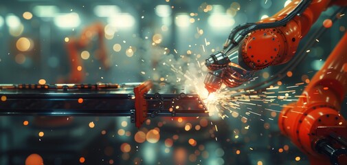 Close-up of a robotic arm welding in a factory, sparks flying, detailed precision of mechanical joints, vivid metallic surfaces, high-resolution photorealistic digital rendering