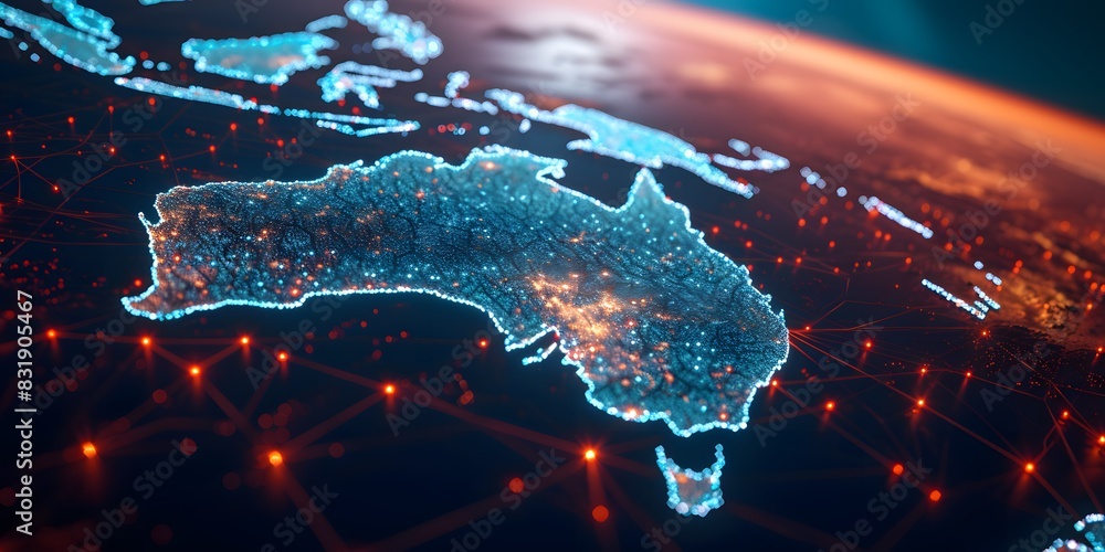 Poster digital map of australia glowing with lights and connecting cities. a visual representation showing 