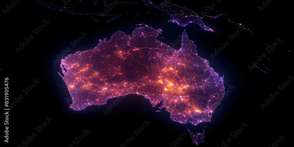 Poster digital map of australia glowing with lights and connecting cities. a visual representation showing 