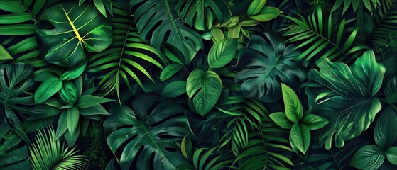 Tropical leaves background, banner with green floral pattern