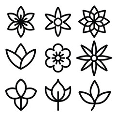 Set of Solid black outline Flower vector line icon design