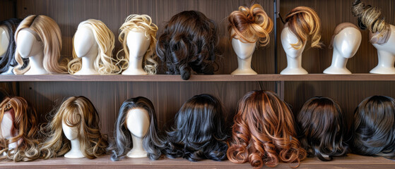 A colorful array of wigs neatly displayed on shelves against a wooden backdrop.