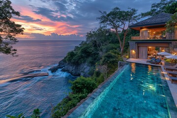 Luxurious cliffside villa with infinity pool and ocean views, featuring modern design and lush greenery