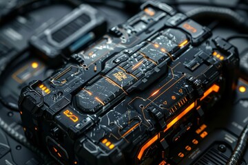 Fototapeta premium a ruggedized scifi C4 Explosive Charge, brick of putty, explosive, wires, black, sleek, deadly, display, futuristic, detcord, menacing