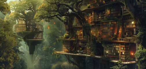 Craft a whimsical floating library inhabited by mystical creatures and plants