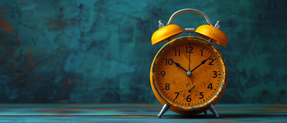 classic alarm clock in yellow color on a blue background with copy space