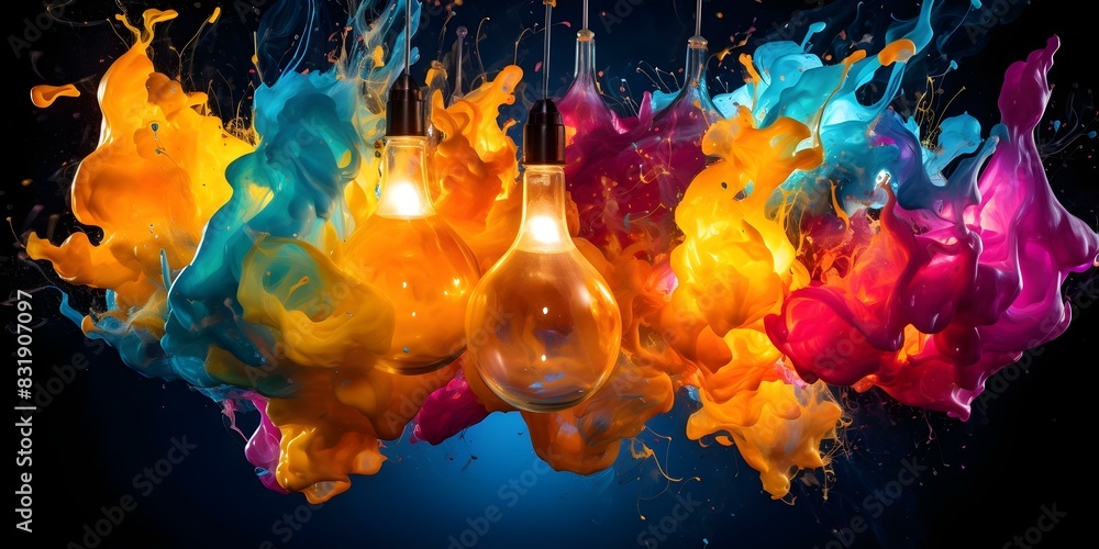 Aufkleber colorful paint splatters from exploding light bulb on black background sparking creativity. concept 