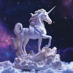 Create a telepathic sculpture of a mystical unicorn under a starlit sky, blending marble and translucent elements in a digital photorealistic style