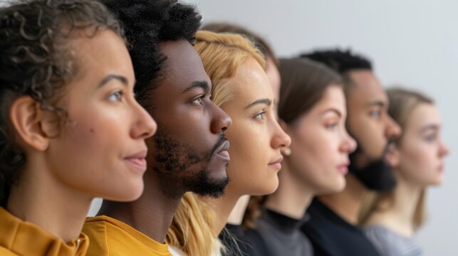 Profile of a multicultural group of people in focus, showing diversity and unity